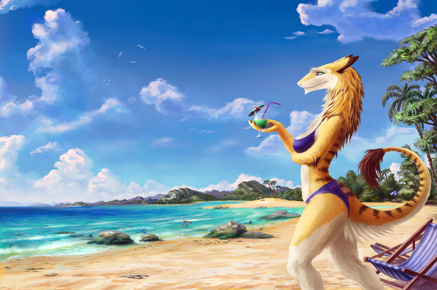 anthro beach clothing cloud digital_media_(artwork) female fur hair invalid_tag palm_trees sand sea seaside sergal sky solo summer swimsuit water yellow_fur