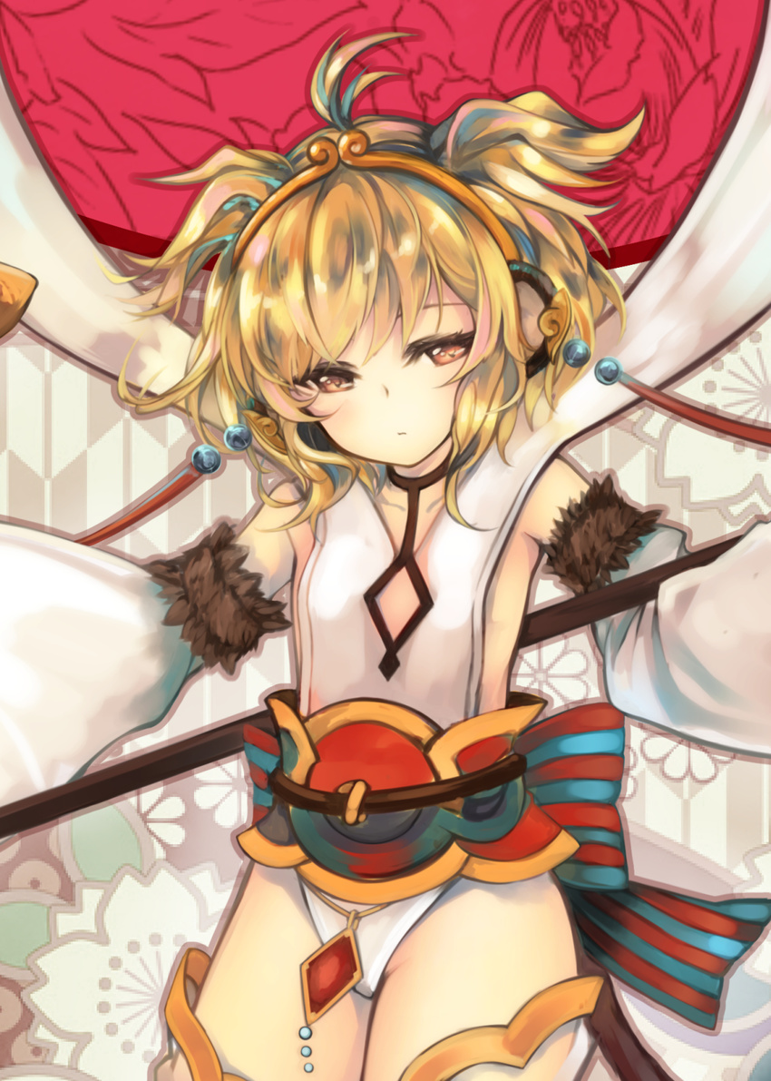 ahoge andira_(granblue_fantasy) animal_ears argyle_cutout bangs blonde_hair choker closed_mouth collarbone detached_sleeves diamond_(shape) earrings erune floral_background flower fur granblue_fantasy hagoromo hairband highres jewelry leotard long_sleeves monkey_ears monkey_girl monkey_tail orange_eyes otogi_kyouka resizing_artifacts sash shawl short_hair silhouette solo tail thighhighs two_side_up white_legwear