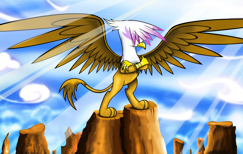 4_fingers absurd_res avian beak brown_feathers brown_fur crossed_arms day feathered_wings feathers feral flamevulture17 friendship_is_magic fur gilda_(mlp) gryphon hi_res my_little_pony nude outside sky smile solo standing sun wings yellow_beak