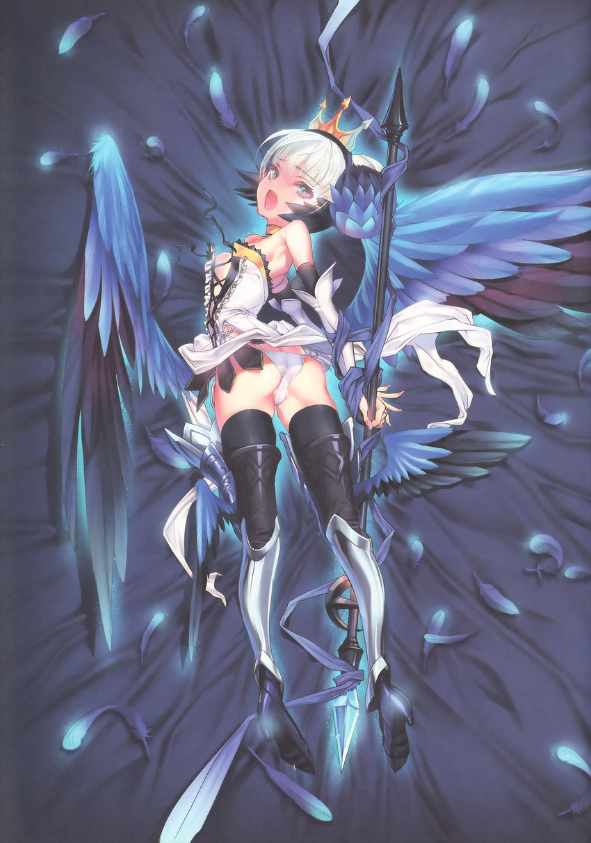 absurdres armor armored_dress ass bare_shoulders blue_eyes breasts choco choker crown detached_sleeves dress feathered_wings feathers from_behind greaves gwendolyn hair_ornament highres looking_back medium_breasts odin_sphere open_mouth panties polearm scan short_hair side-tie_panties solo spear strapless strapless_dress thighhighs underwear weapon white_dress white_hair white_panties wings