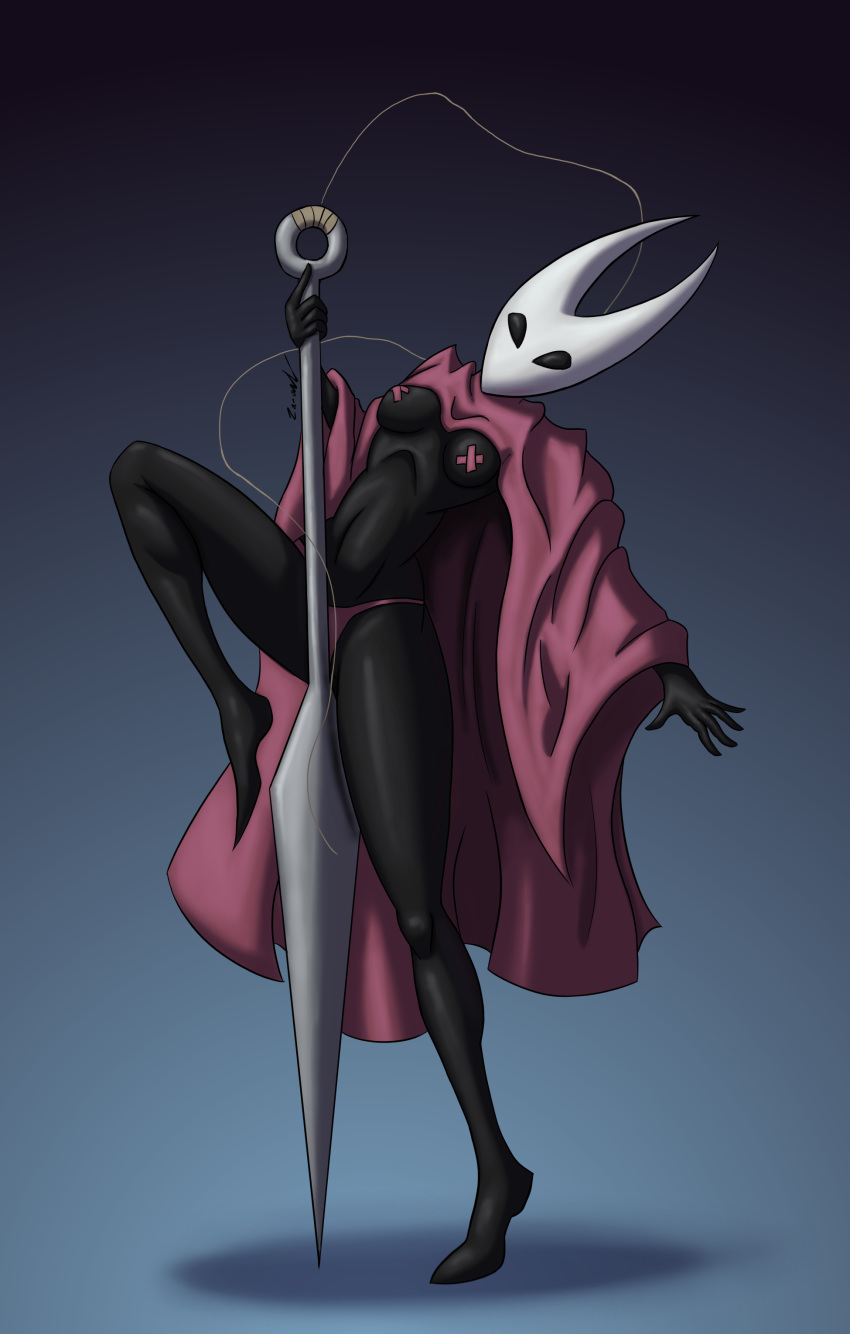 anthro arthropod band-aid bandage breasts clothing cloting convenient_censorship digital_media_(artwork) female hi_res hollow_knight hornet_(hollow_knight) insect nail_(weapon) panties pinup poncho pose shiny simple_background solo standing string underwear za-owl