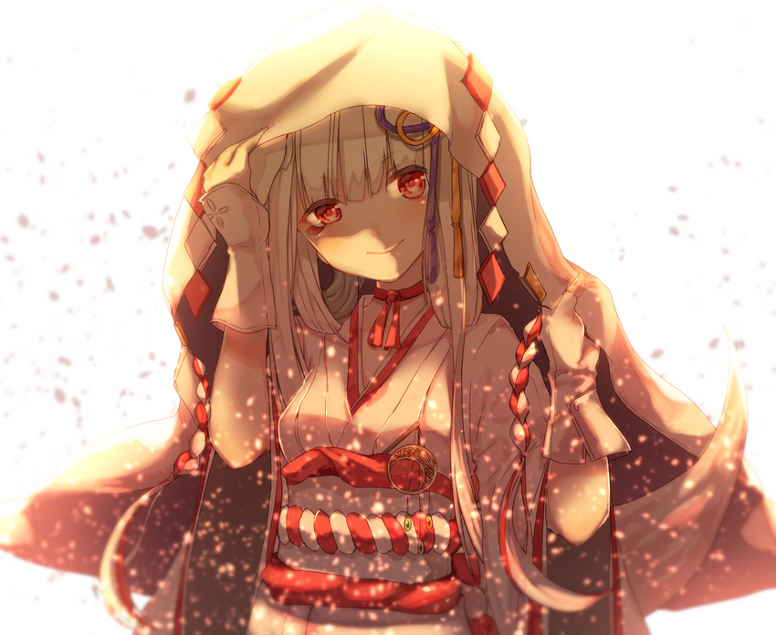 backlighting bad_id bad_pixiv_id bangs blunt_bangs commentary_request crescent eyebrows eyebrows_visible_through_hair facepaint fingerless_gloves fox_tail gloves highres hood japanese_clothes neck_ribbon original petals red_eyes red_ribbon ribbon sidelocks smile solo tail tassel upper_body varyu white_gloves white_hair wide_sleeves