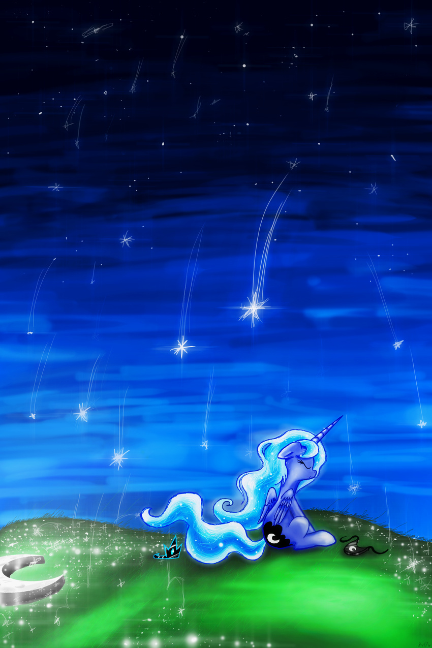 blue_fur blue_hair detailed_background equine eyes_closed feathered_wings feathers female feral flamevulture17 friendship_is_magic fur hair horn luna_(disambiguation) mammal my_little_pony night nude outside princess_luna_(mlp) sitting sky solo star starry_sky winged_unicorn wings