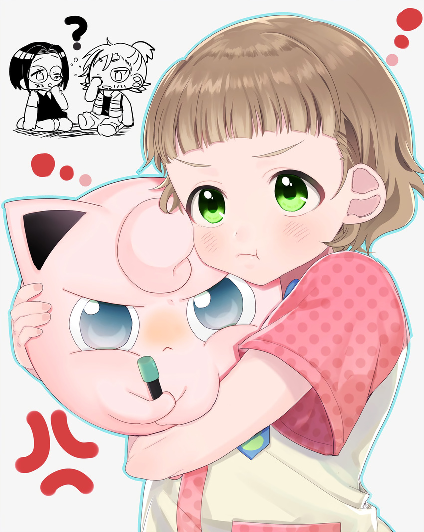 :&lt; :t ? abe_(kumayu) anger_vein black_hair blush brown_hair chibi chibi_inset closed_mouth crossover gen_1_pokemon green_eyes highres himeno_kanon idolmaster idolmaster_side-m jigglypuff male_focus microphone mofumofuen multiple_boys okamura_nao pokemon pokemon_(anime) pokemon_(creature) pout tachibana_shirou v-shaped_eyebrows