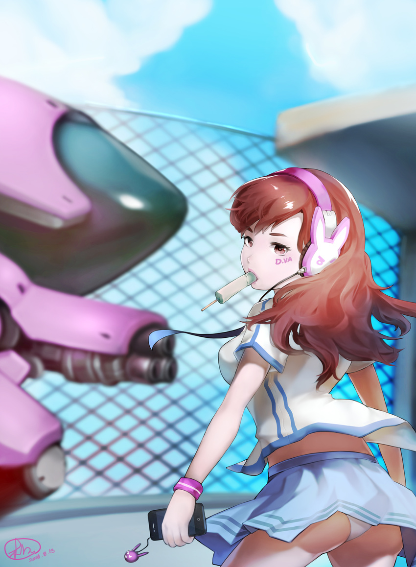 2016 absurdres arm_cannon ass bangs blue_skirt blue_sky breasts brown_eyes brown_hair cellphone charm_(object) cloud cowboy_shot d.va_(overwatch) dated day eyelashes facepaint facial_mark fence food from_behind gatling_gun gun headphones heart heart-shaped_pupils highres holding holding_cellphone holding_phone legs_apart long_hair looking_at_viewer mecha medium_breasts meka_(overwatch) mouth_hold overwatch panties pantyshot pantyshot_(standing) phone pink_lips popsicle shirt short_sleeves signature skirt sky smartphone solo standing symbol-shaped_pupils underwear weapon whisker_markings white_panties wristband