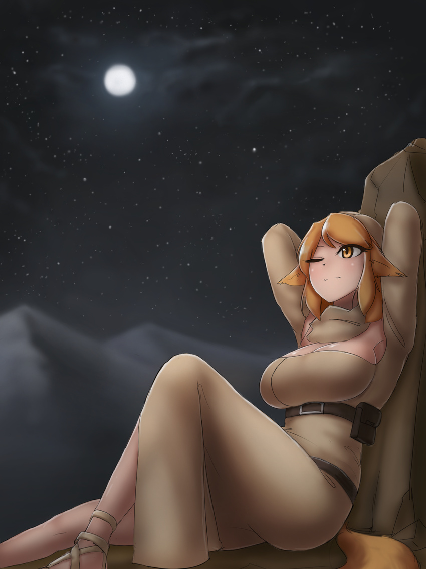 amber_eyes animal_humanoid armpits big_breasts breasts canine chui female fox fox_humanoid fur hair humanoid mammal moon nigth one_eye_closed orange_fur orange_hair smile solo