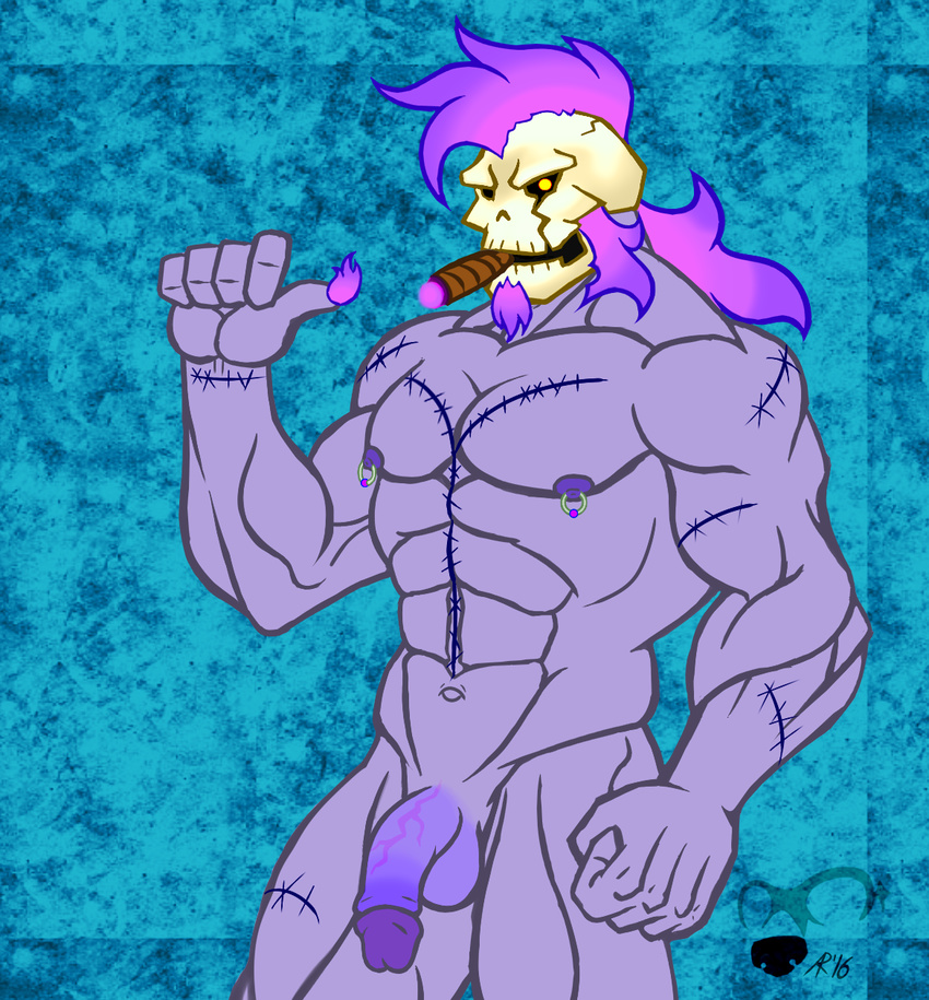 2016 abs anso/rez autopsy_scar balls beard biceps big_muscles cigar demon facial_hair fire flaccid flaming_hair for_a_head glowing glowing_eyes goatee hair humanoid looking_at_viewer male manly muscular muscular_male nipple_piercing nipples not_furry nude pecs penis piercing purple_fire purple_skin retracted_foreskin scar simple_background skull smoking solo stitches teeth uncut undead vein veiny_penis