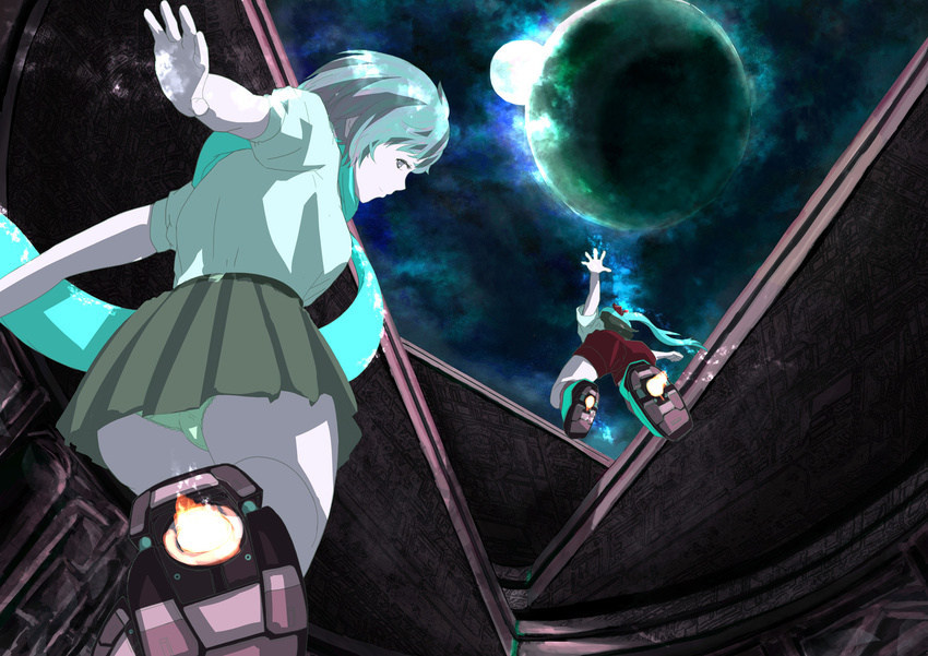 aqua_hair blue_hair boots cloud commentary_request fire flame from_below grey_eyes highres jet_boots kanrobi launching looking_at_viewer looking_back multiple_girls multiple_moons night night_sky original outstretched_arms panties pantyshot ponytail retractable_roof scarf science_fiction shorts skirt sky underwear