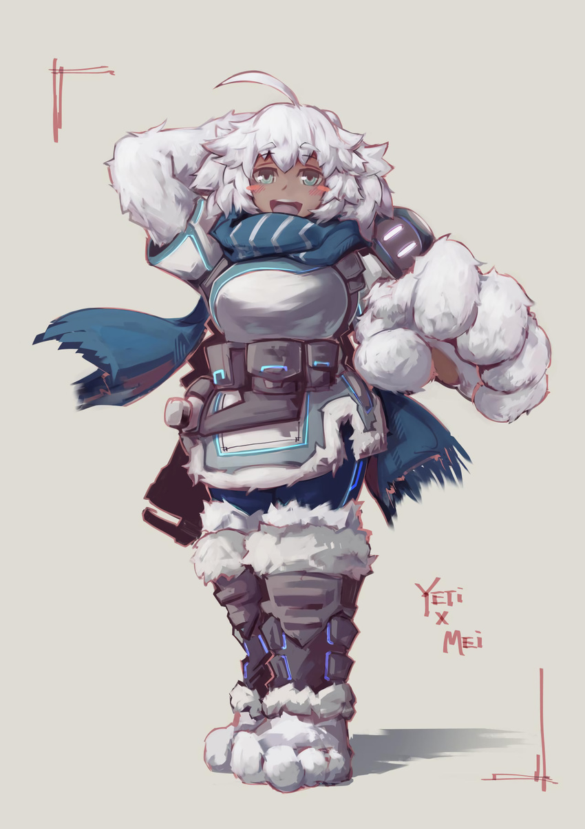 :d ahoge belt_pouch blue_scarf blush_stickers character_name cosplay deel_(rkeg) eyebrows fur fur-trimmed_boots fur-trimmed_jacket fur_trim green_eyes hand_behind_head highres jacket looking_at_viewer md5_mismatch mei_(overwatch) mei_(overwatch)_(cosplay) monster_girl monster_girl_encyclopedia open_mouth overwatch paws pouch scarf short_hair simple_background smile solo thick_eyebrows white_fur white_hair yeti_(monster_girl_encyclopedia)