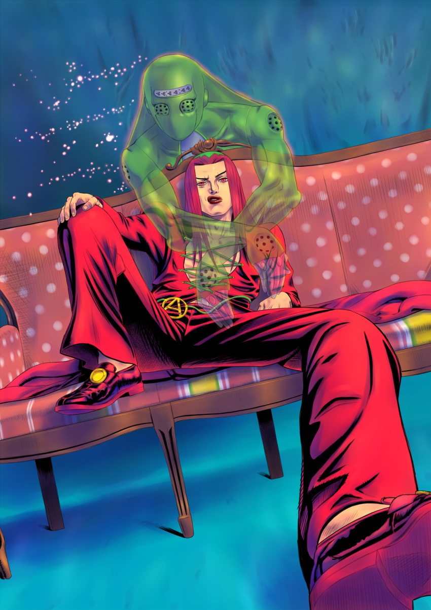 1boy breasts couch dutch_angle foreshortening hat highres jojo_no_kimyou_na_bouken keiimajima02 large_breasts leone_abbacchio lipstick long_hair makeup male_focus moody_blues_(stand) red_eyes red_hair red_lipstick sitting solo spread_legs stand_(jojo) vento_aureo