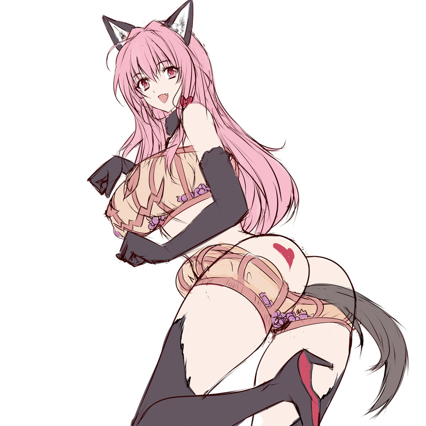 anal_tail animal_ears ass boots breasts butt_plug choker elbow_gloves fake_tail fang fur gloves highres large_breasts open_mouth pink_eyes pink_hair q_azieru see-through smile tail thigh_boots thighhighs