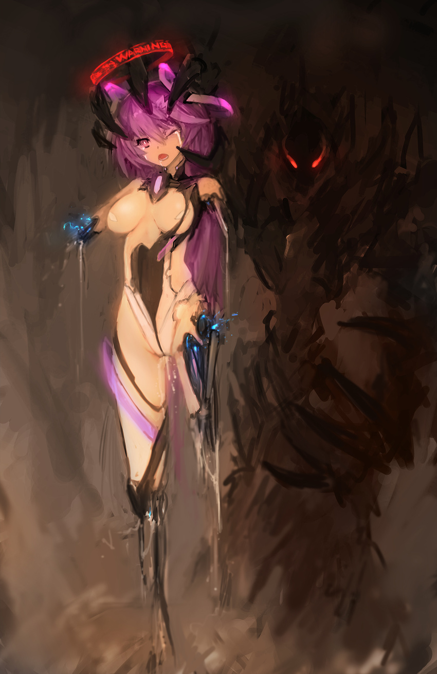 android breasts cable cyborg damaged highres injury isha_(300_heroes) long_hair looking_at_viewer machinery mecha_musume medium_breasts nude one_eye_closed original parts_exposed pink_eyes pink_hair red_eyes sparks tears torn_clothes zhuore_zhi_hen
