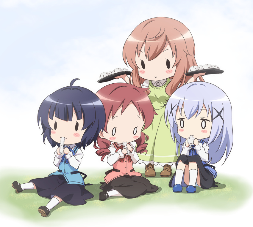 4girls adapted_costume ahoge alternate_costume apron black_footwear blue_hair chibi chimame-tai commentary_request eating gochuumon_wa_usagi_desu_ka? hair_ornament highres hoto_mocha jouga_maya kafuu_chino long_hair long_skirt long_sleeves matching_outfit multiple_girls natsu_megumi rabbit_house_uniform red_hair red_star_(toranecomet) shoes short_hair sitting skirt tray waitress white_legwear x_hair_ornament