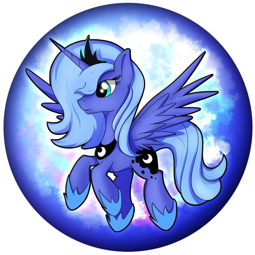 blue_eyes blue_feathers blue_fur blue_hair cutie_mark equine feathered_wings feathers female feral flamevulture17 flying friendship_is_magic fur hair hooves horn mammal my_little_pony orb princess_luna_(mlp) smile solo winged_unicorn wings