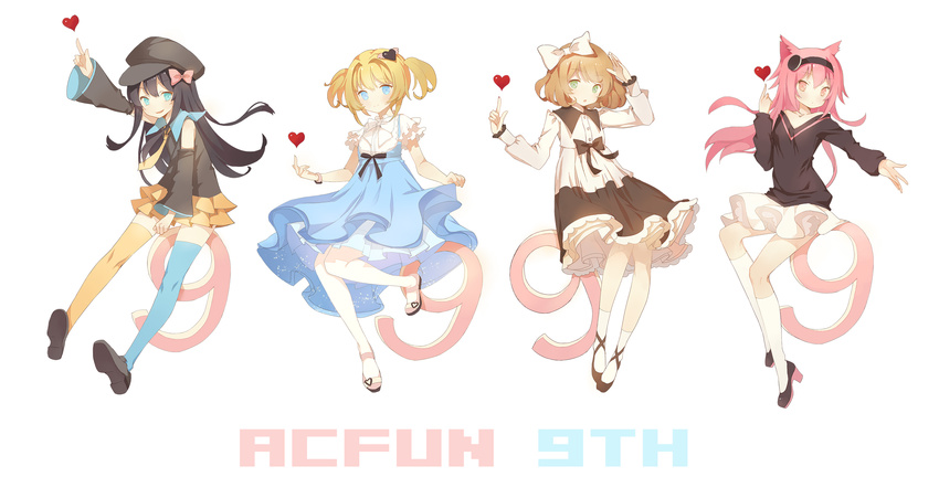 9 acfun animal_ears ankle_socks anniversary asymmetrical_legwear black_bow black_hair black_shirt blonde_hair blue_eyes blue_legwear bow bowtie brown_hair cabbie_hat cat_ears collarbone copyright_name detached_sleeves dress dress_lift eyebrows eyebrows_visible_through_hair frilled_dress frilled_skirt frilled_sleeves frills full_body green_eyes hair_bow hair_ornament hairband hat heart high_heels highres kneehighs loafers long_hair long_sleeves looking_at_viewer multiple_girls necktie number open_mouth orange_legwear outstretched_arm parted_lips pink_bow pink_eyes pink_hair pointing puffy_sleeves salute sasa_(sasachan) shirt shoes short_hair short_sleeves simple_background skirt sleeveless slippers smile strappy_heels thighhighs twintails v-neck watch white_background white_bow white_legwear wide_sleeves winged_heart yellow_neckwear