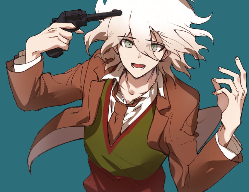 danganronpa danganronpa_3 dr_tyobi grey_eyes gun gun_to_head holding holding_gun holding_weapon kibougamine_gakuen_school_uniform komaeda_nagito male_focus necktie open_mouth protected_link school_uniform solo super_danganronpa_2 weapon white_hair