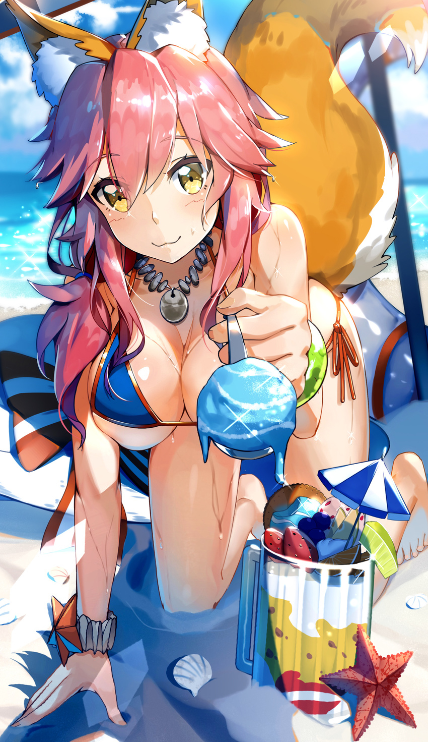 :3 absurdres all_fours animal_ears bangs barefoot beach beach_umbrella bead_necklace beads beer_mug bikini blue_bikini blush breasts cleavage cloud cocktail_umbrella day eyebrows eyebrows_visible_through_hair fate/grand_order fate_(series) feeding food foreshortening fox_ears fox_tail fruit hair_over_shoulder hanging_breasts highres holding holding_spoon ice_cream ice_cream_spoon jewelry kneeling large_breasts lime_slice long_hair looking_at_viewer low_ponytail lu" necklace ocean on_ground orange orange_slice outdoors pink_hair pov_feeding sand seashell shade shell shiny shiny_skin side-tie_bikini side_ponytail sidelocks solo sparkle spoon starfish strawberry string_bikini sunlight swimsuit tail tamamo_(fate)_(all) tamamo_no_mae_(fate) tamamo_no_mae_(swimsuit_lancer)_(fate) umbrella wafer wet wrist_cuffs yellow_eyes