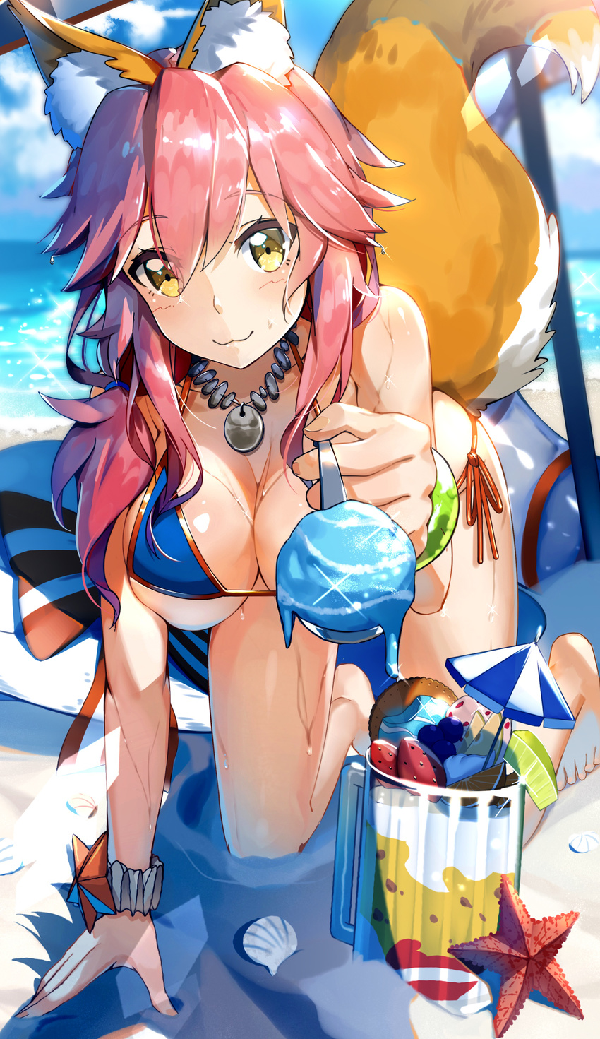 animal_ears bikini caster_(fate/extra) cleavage fate/extra fate/stay_night kitsune lu" swimsuits tail underboob wet