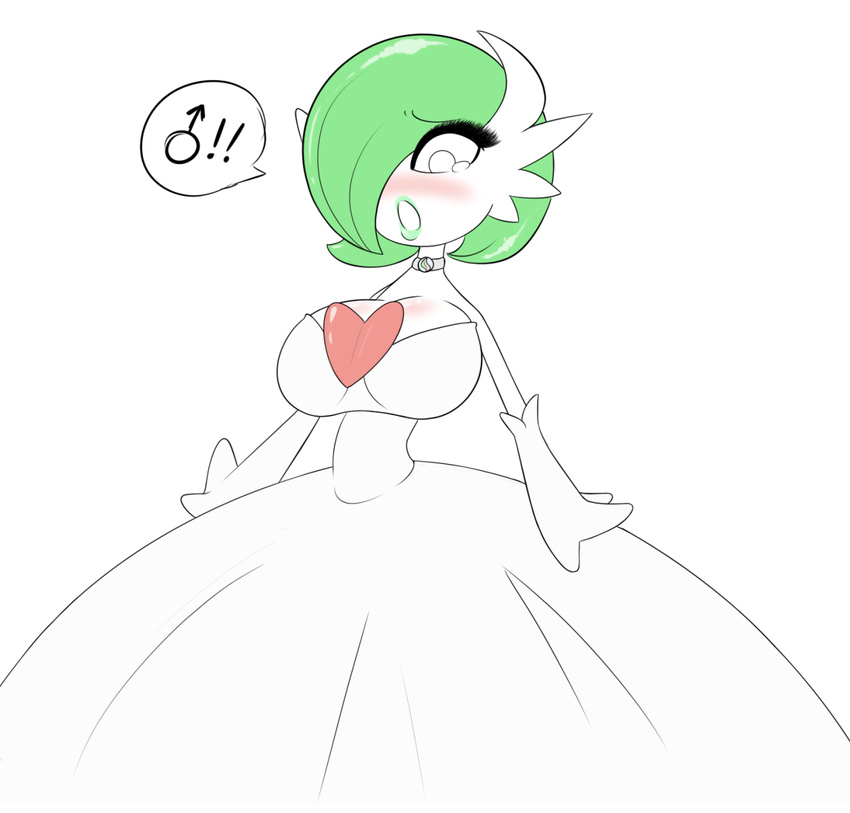 1boy artist_request bangs blush breasts bright_pupils crossdressing dress eyebrows_visible_through_hair eyelashes gardevoir gen_3_pokemon green_eyes green_hair highres jewelry large_breasts lipstick makeup mars_symbol mega_gardevoir necklace no_humans one_eye_closed open_mouth otoko_no_ko pokemon pokemon_(creature) simple_background solo source_request speech_bubble spoken_exclamation_mark spoken_mars_symbol swept_bangs teardrop wedding_dress white_background white_dress white_pupils