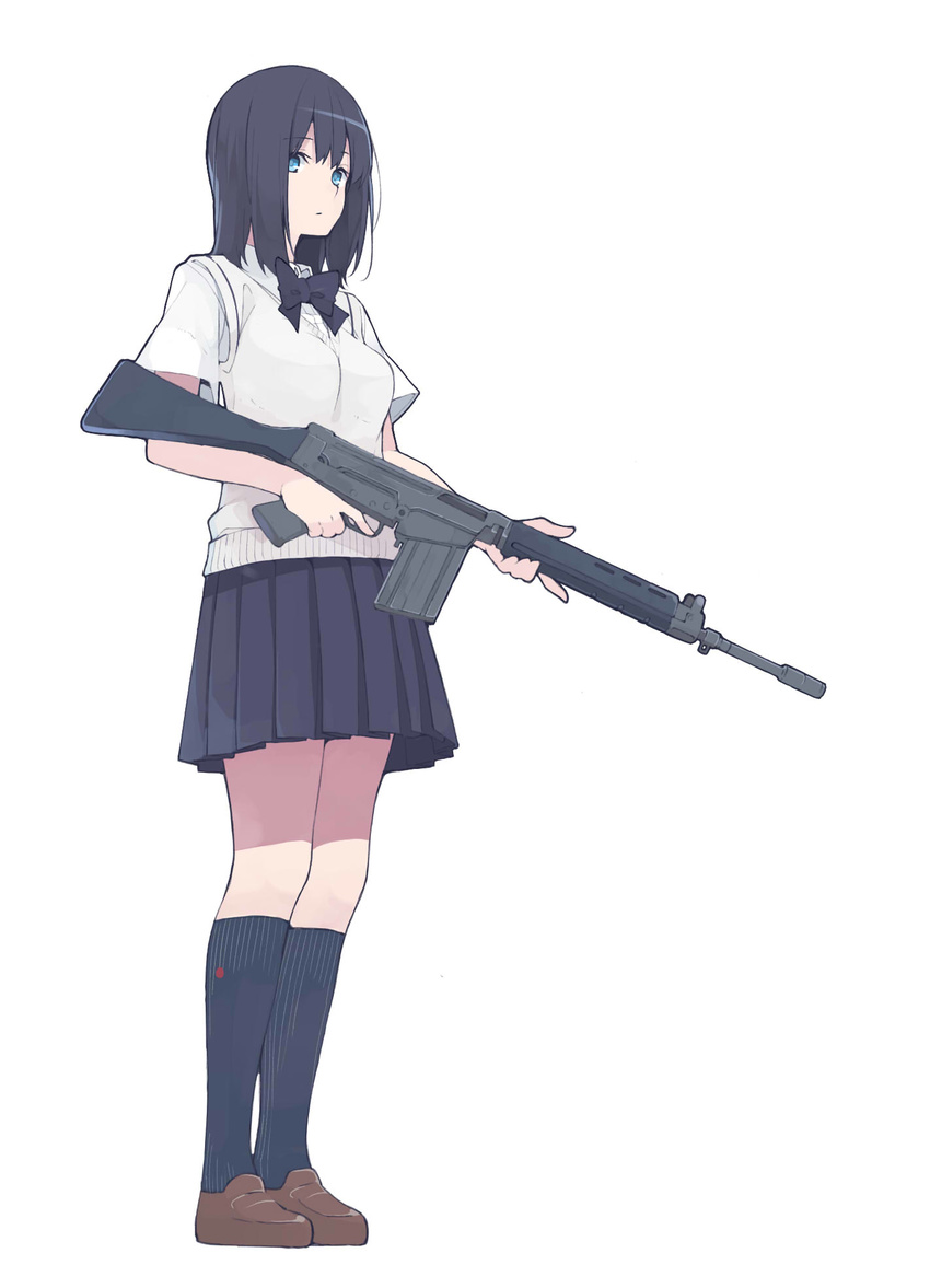 akagawa007 bad_id bad_pixiv_id battle_rifle black_hair black_legwear blue_eyes bow bowtie cardigan_vest eyebrows eyebrows_visible_through_hair fn_fal full_body gun highres holding holding_gun holding_weapon kneehighs loafers looking_at_viewer original rifle school_uniform shoes short_sleeves simple_background skirt solo standing trigger_discipline weapon white_background