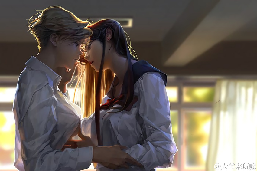backlighting bishoujo_senshi_sailor_moon blonde_hair blurry breasts brown_hair ceiling collared_shirt couple curtains depth_of_field dress_shirt earrings face-to-face han_ahreum hino_rei imminent_kiss indoors jewelry large_breasts long_sleeves looking_at_another multiple_girls parted_lips realistic school_uniform serafuku shirt short_hair source_request standing stud_earrings ten'ou_haruka very_short_hair white_shirt window yuri