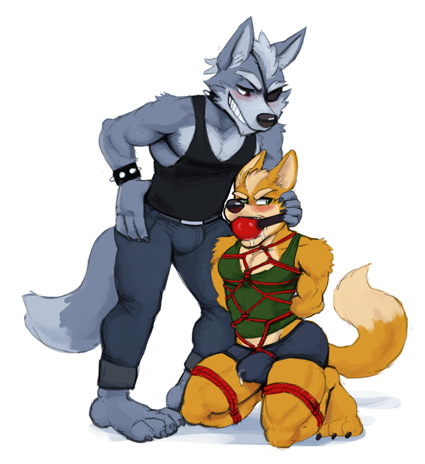 anthro anthro_on_anthro ball_gag bdsm blush bondage bound bulge canid canine canis clothed clothing cum cum_through_clothing duo eye_patch eyewear fox fox_mccloud gag hi_res hicanyoumooforme male male/male mammal muscular muscular_male nintendo rope simple_background star_fox video_games white_background wolf wolf_o'donnell