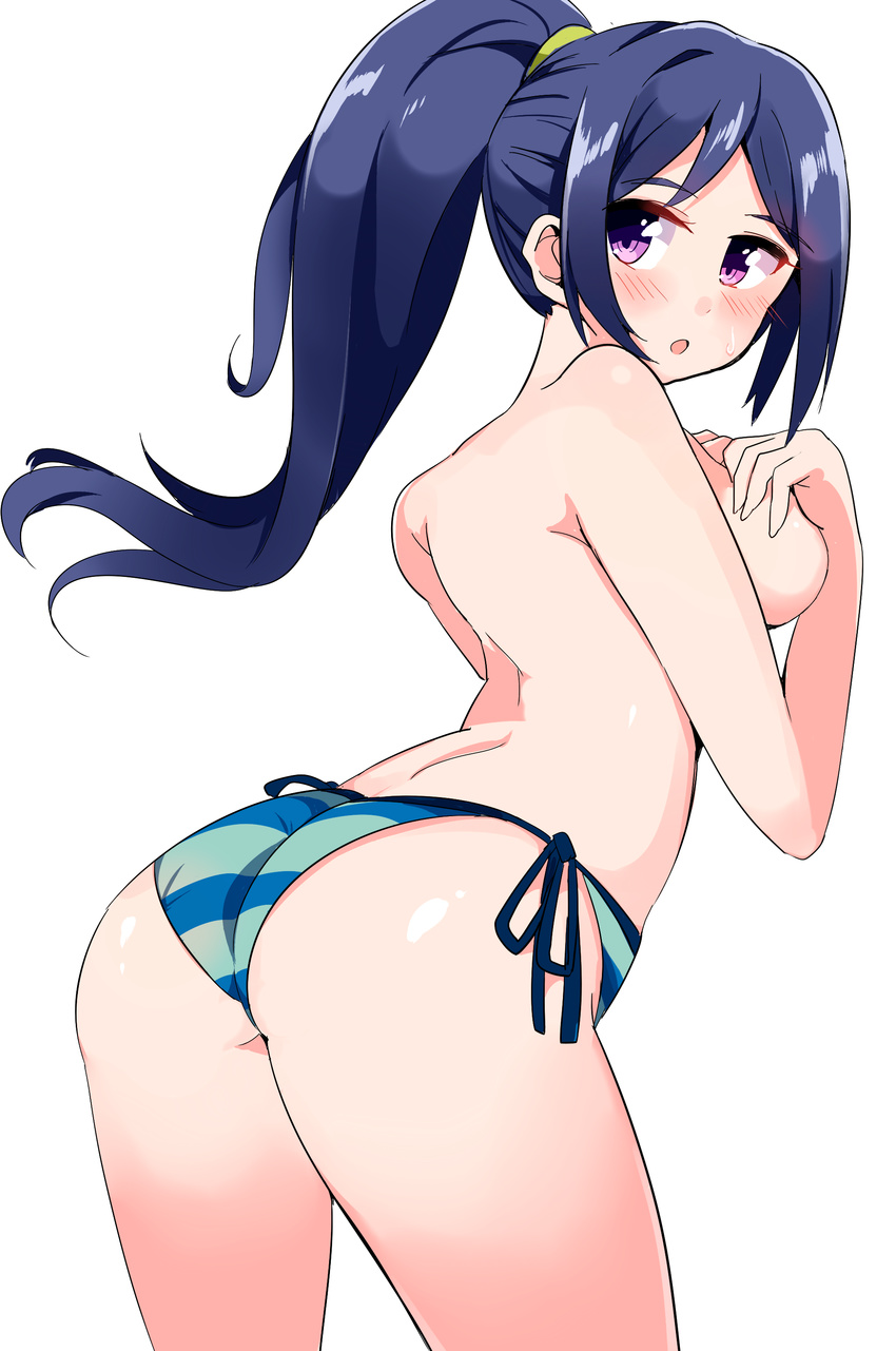 absurdres arched_back ariaridoradora ass back bikini bikini_bottom blue_hair blush breasts covering covering_breasts cowboy_shot from_behind highres long_hair looking_back love_live! love_live!_sunshine!! matsuura_kanan medium_breasts open_mouth ponytail purple_eyes side-tie_bikini simple_background solo standing swimsuit topless white_background