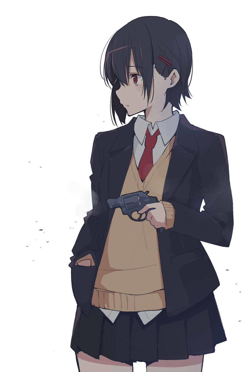 akagawa007 bad_id bad_pixiv_id black_hair blazer cardigan cowboy_shot eyebrows eyebrows_visible_through_hair gun hair_ornament hairclip hand_in_pocket handgun highres holding holding_gun holding_weapon jacket left-handed looking_to_the_side necktie original red_eyes red_neckwear revolver school_uniform short_hair simple_background smoke snubnose solo trigger_discipline weapon white_background