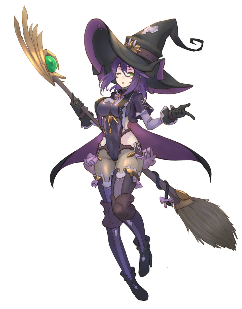 ;o boots breasts broom cape character_request copyright_request full_body gloves green_eyes hair_between_eyes hat highres index_finger_raised large_breasts looking_at_viewer nadare-san_(nadare3nwm) one_eye_closed pantyhose purple_hair solo thighhighs thighhighs_over_pantyhose white_background witch witch_hat