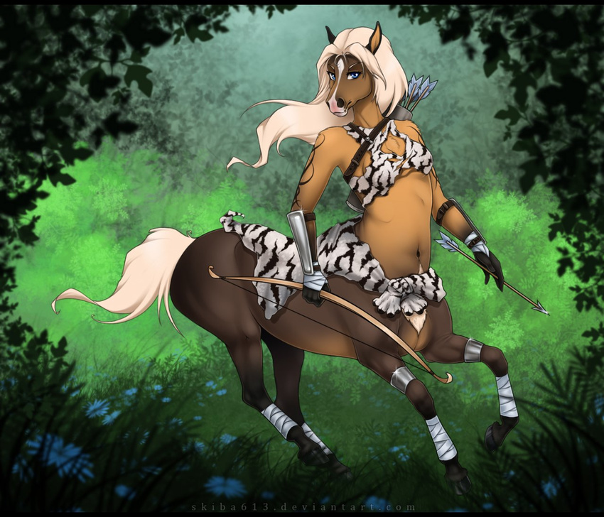 5_fingers arrow blonde_hair blue_eyes bow_(weapon) breasts brown_fur centaur day equine equine_taur female feral fur grass hair hooves looking_at_viewer mammal midriff nastywolf613 navel outside ranged_weapon solo tan_fur taur weapon