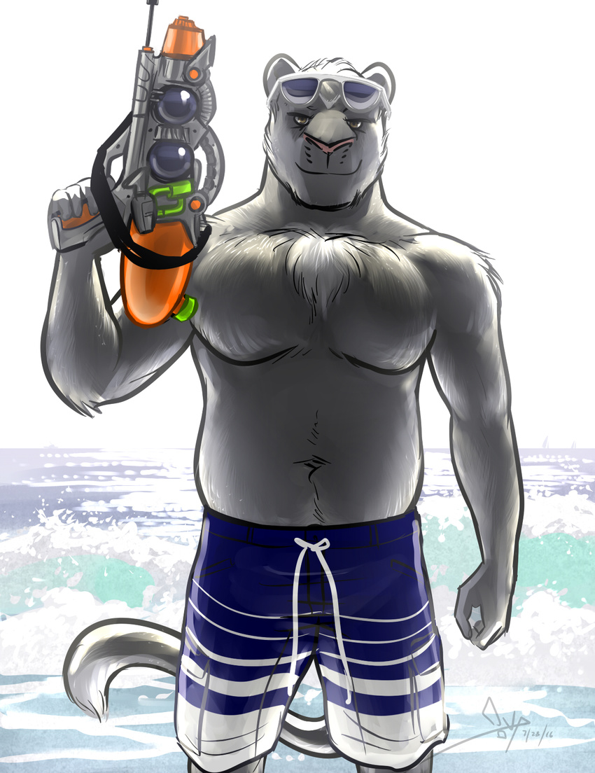 anthro beach bgn blue_and_white clothing eyewear feline fur grey_fur hi_res male mammal monochrome muscular muscular_male panther seaside slightly_chubby solo sunglasses swimming_trunks swimsuit water_gun