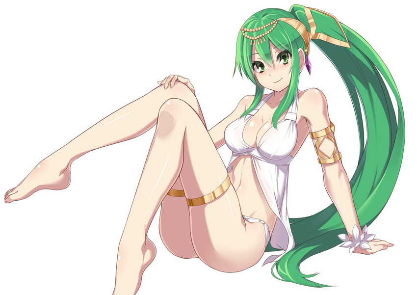 arm_support armlet artemis_(p&amp;d) ass barefoot blush breasts feet green_eyes green_hair hair_ornament jewelry large_breasts legs_up long_hair looking_at_viewer navel ponytail puzzle_&amp;_dragons simple_background sitting smile solo swimsuit thigh_strap toes very_long_hair white_background zeroshiki_kouichi
