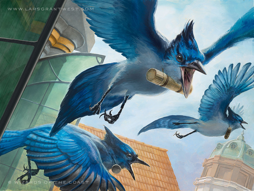 avian beak bird blue_jay building corvid dutch_angle feral flying front_view group lars_grant-west looking_at_viewer magic_the_gathering message official_art open_mouth side_view signature url