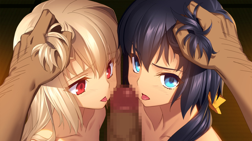 2girls black_hair blonde_hair blue_eyes blush censored collarbone fellatio ffm_threesome game_cg group_sex hair_grab hair_over_shoulder hetero indoors long_hair low_ponytail mosaic_censoring multiple_fellatio multiple_girls oral out_of_frame penis red_eyes sengoku_hime_6 threesome tongue tongue_out uesugi_kenshin_(sengoku_hime) yangsion