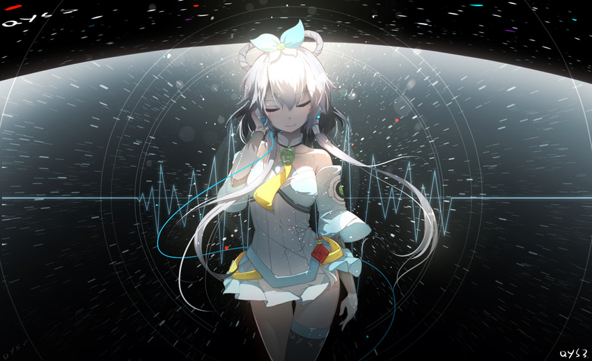artist_name bai_yemeng bare_shoulders breasts choker closed_eyes collarbone cowboy_shot detached_sleeves dress long_hair luo_tianyi md5_mismatch microphone pleated_skirt sidelocks silver_hair single_thighhigh skirt small_breasts solo strapless strapless_dress thighhighs vocaloid vocanese white_dress white_skirt