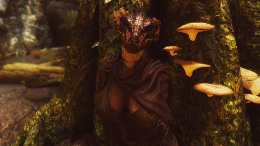 2016 3d_(artwork) anthro argonian big_breasts breasts cleavage clothed clothing digital_media_(artwork) female planet-mojo scalie solo the_elder_scrolls video_games