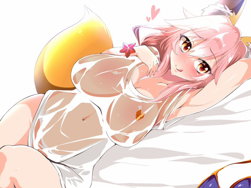 animal_ears armpits bare_arms bare_legs bottomless breasts clothes_removed convenient_censoring fate/grand_order fate_(series) fox_ears fox_tail groin kurorettsu large_breasts long_hair looking_at_viewer lying naked_shirt navel on_side pink_hair see-through shirt solo tail tamamo_(fate)_(all) tamamo_no_mae_(fate) tamamo_no_mae_(swimsuit_lancer)_(fate) tongue tongue_out yellow_eyes