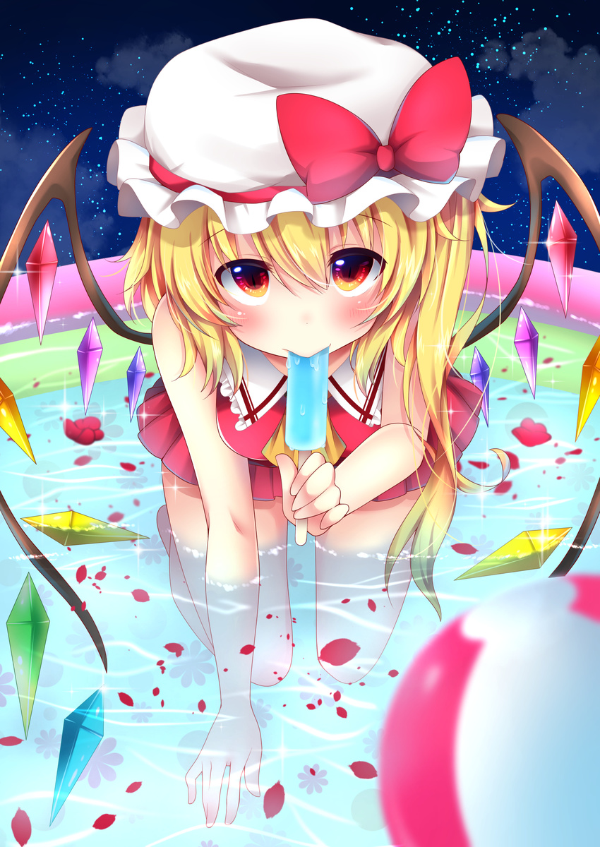 all_fours ascot blonde_hair blush bow crystal flandre_scarlet flat_chest flower food hat hat_bow highres miy@ mob_cap mouth_hold night popsicle red_eyes rose solo touhou wading wading_pool wings