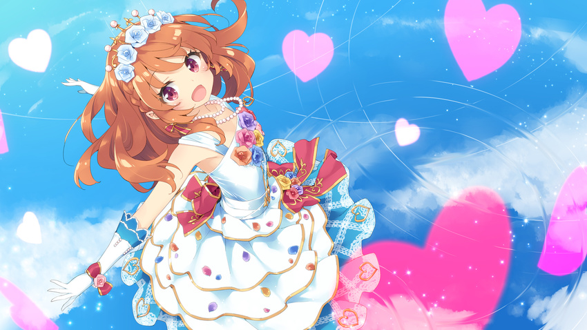 :d aikatsu! aikatsu!_(series) blue_sky braid brown_hair cloud cloudy_sky commentary_request crown_braid dress from_above gloves heart heart_background highres jewelry long_hair looking_at_viewer necklace oozora_akari open_mouth peko red_eyes reflection sky smile solo tiara white_dress white_gloves