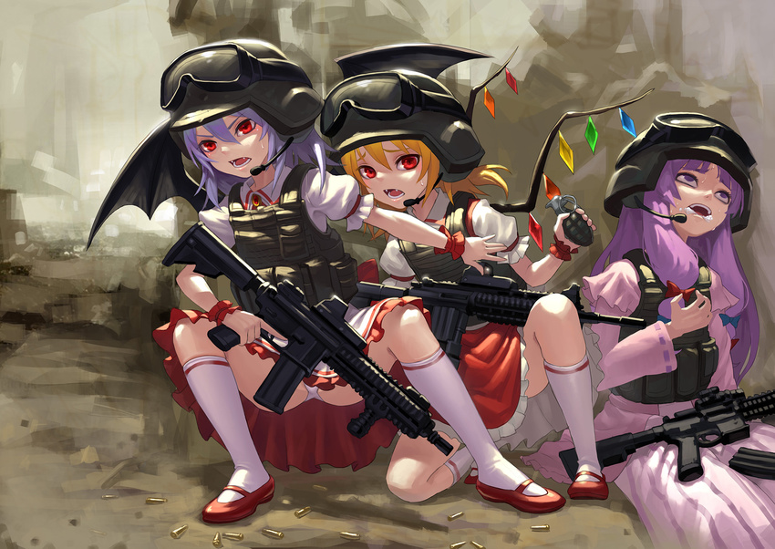 arm_garter assault_rifle bat_wings battlefield blonde_hair blue_bow bow capelet commentary_request contemporary crystal dress explosive fangs fkey flandre_scarlet foaming_at_the_mouth frilled_skirt frills goggles goggles_on_headwear grenade gun hair_bow headset helmet highres holding holding_gun holding_weapon lavender_hair load_bearing_vest long_sleeves m4_carbine mary_janes multiple_girls open_mouth panties pantyshot pantyshot_(squatting) patchouli_knowledge puffy_short_sleeves puffy_sleeves purple_dress purple_eyes purple_hair red_bow red_eyes red_footwear red_skirt remilia_scarlet rifle shoes short_sleeves siblings sidelocks sisters skirt socks squatting striped sweat touhou trigger_discipline underwear vertical-striped_dress vertical_stripes vest weapon white_legwear white_panties white_skirt wings wrist_cuffs