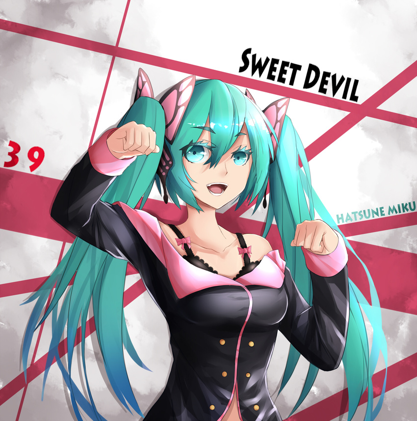 39 aqua_hair bra breasts character_name colored_eyelashes english hatsune_miku highres honey_whip_(module) lace lace-trimmed_bra large_breasts long_hair looking_at_viewer mrnn off_shoulder open_mouth paw_pose project_diva_(series) project_diva_f smile solo sweet_devil_(vocaloid) teeth tongue twintails underwear vocaloid