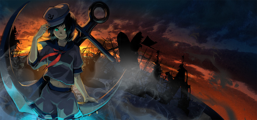 anchor anchor_symbol black_hair cloud cloudy_sky fisheye fog green_eyes hand_on_headwear hat looking_at_viewer midriff murasa_minamitsu navel neckerchief parted_lips sailor_collar sailor_hat shipwreck shiroton_(kazamineko) short_hair shorts sky solo sunset touhou wind