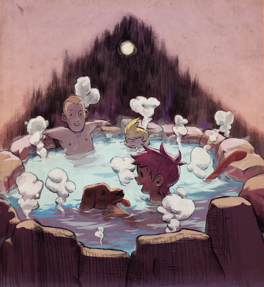 2boys bath blonde_hair boney brown_hair chest_hair closed_eyes dog duster_(mother) facial_hair highres kumatora lucas mixed_bathing moon mother_(game) mother_3 multiple_boys mustache onsen partially_submerged pink_hair rock rope_snake smile snake steam tongue tongue_out water yossra
