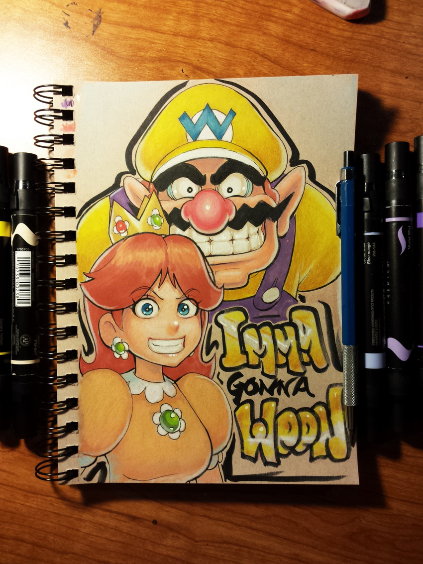 1girl blue_eyes brown_hair catchphrase crown earrings english facial_hair grin hat highres jewelry long_hair looking_at_viewer mario_(series) mario_party mustache omar_dogan overalls photo pointy_ears princess_daisy sketchbook smile super_mario_bros. traditional_media wario