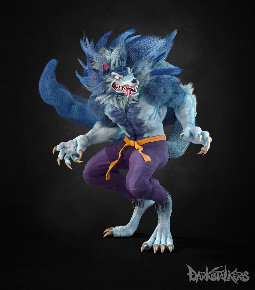 3d_(artwork) 4_toes abs amber_eyes angry anthro barefoot biceps big_muscles black_background blue_fur blue_nose canine claws clothed clothing darkstalkers digital_media_(artwork) digitigrade fangs full-length_portrait fur hi_res jon_talbain looking_back male mammal multicolored_fur muscular open_mouth pants pecs portrait saliva sharp_teeth simple_background solo standing teeth toe_claws toes tongue tongue_out topless two_tone_fur unknown_artist video_games were werewolf yellow_claws