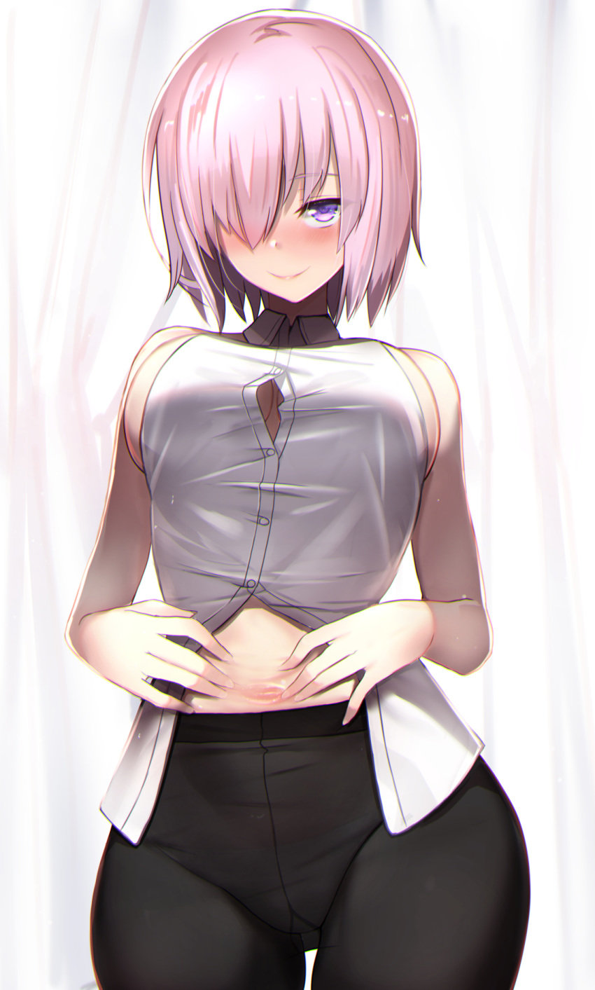 1girl bangs bare_shoulders black_legwear blush breasts closed_mouth commentary_request cowboy_shot fate/grand_order fate_(series) hair_over_one_eye highres large_breasts looking_at_viewer mash_kyrielight navel pantyhose purple_eyes purple_hair seductive_smile shirt short_hair sideboob sidelocks skindentation sleeveless sleeveless_shirt smile solo spread_navel sweat taut_clothes taut_shirt untsue white_shirt