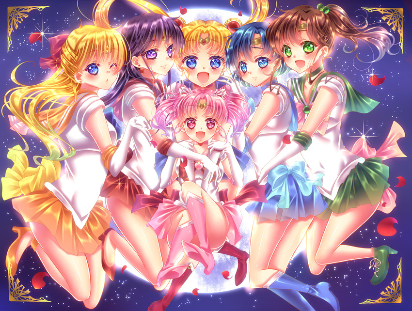 6girls absurdres aino_minako artist_request blonde_hair blue_eyes blue_hair blush bob_cut boots bow breasts brown_hair chibi_usa choker circlet earring green_eyes hair_bobbles hair_buns heels hino_rei kino_makoto large_breasts long_hair looking_at_viewer medium_breasts mizuno_ami moon multiple_girls night open_mouth parted_lips pendant petals pink_eyes pink_hair ponytail purple_eyes purple_hair ribbon sailor_jupiter sailor_mars sailor_mercury sailor_moon sailor_venus school_uniform serafuku shiny short_hair skirt smile sparkle tsukino_usagi twintails very_long_hair white_gloves