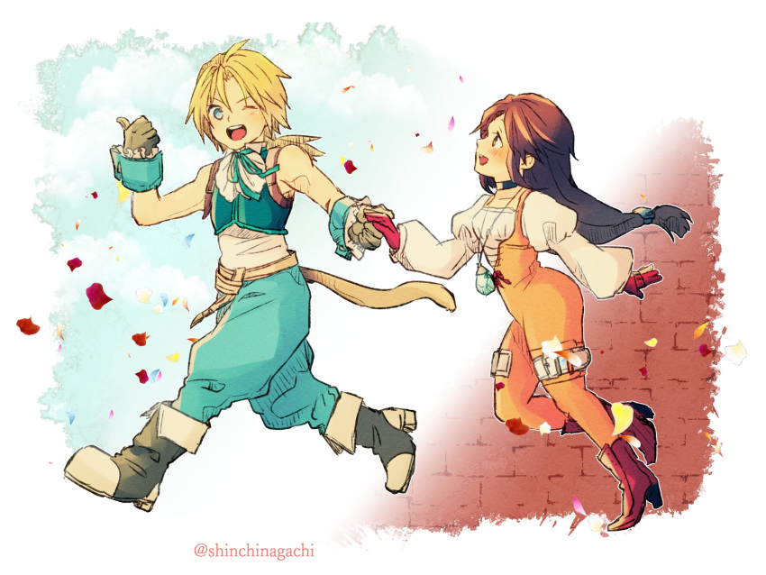 1boy 1girl black_hair blonde_hair blue_eyes bodysuit breasts choker final_fantasy final_fantasy_ix garnet_til_alexandros_xvii gloves highres jewelry long_hair low-tied_long_hair necklace nishimura_(nianiamu) open_mouth orange_bodysuit smile tail zidane_tribal