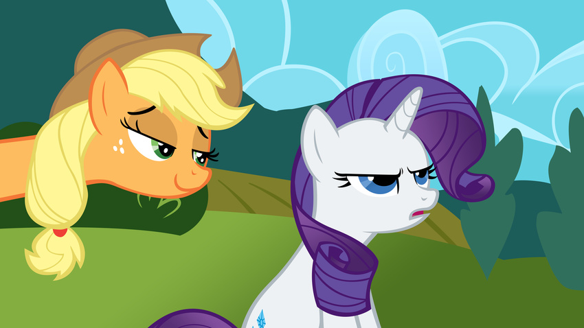 2011 anitech annoyed applejack_(mlp) blonde_hair cowboy_hat cutie_mark duo earth_pony equine female feral freckles friendship_is_magic fur green_eyes hair hat hi_res horn horse landscape mammal my_little_pony nature orange_fur outside pony purple_hair rarity_(mlp) sky smile unicorn white_fur