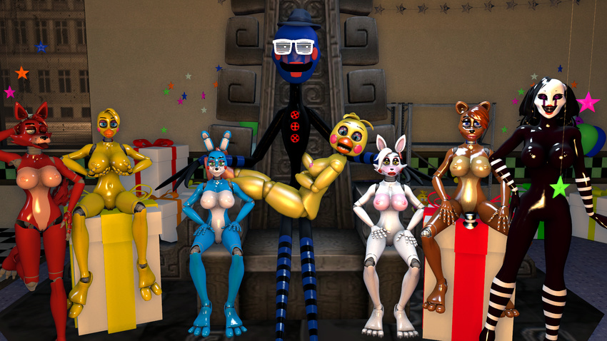 2016 3d_(artwork) animatronic avian beak bear bird breasts canine chair chicken digital_media_(artwork) eyewear fan_character female five_nights_at_freddy's five_nights_at_freddy's_2 fox foxy_(fnaf) gift glasses group hat hi_res humanoid lagomorph looking_at_viewer machine male mammal mangle_(fnaf) marionette_(fnaf) nipples non-mammal_breasts not_furry nude pussy rabbit robot smile source_filmmaker thrown tongue toy_bonnie_(fnaf) toy_chica_(fnaf) toy_freddy_(fnaf) video_games xboxking37